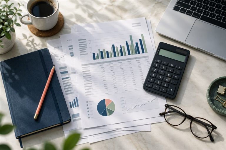 Imagen ilustrativa de documentos y herramientas de trabajo contable